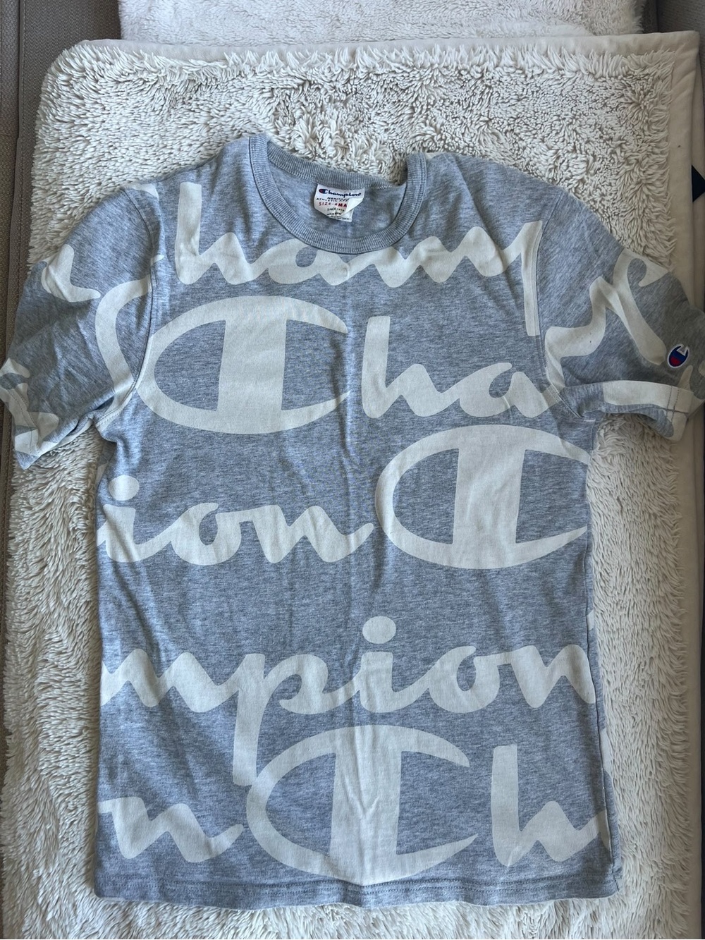 Champion Gray T-Shirt with Large White Script Logo